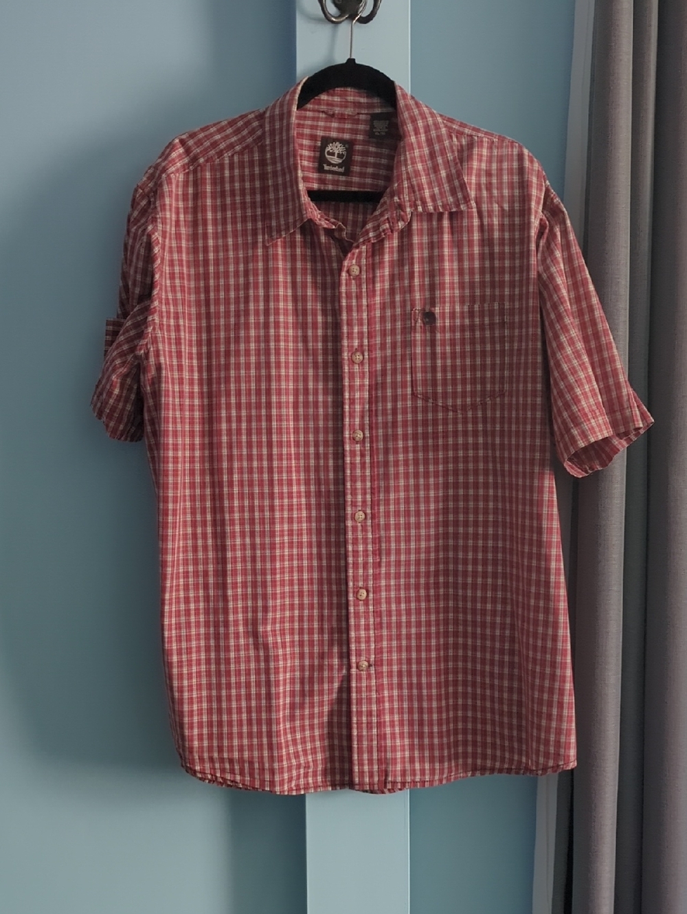 Timberland Red and White Check Short Sleeve Button-Down Shirt